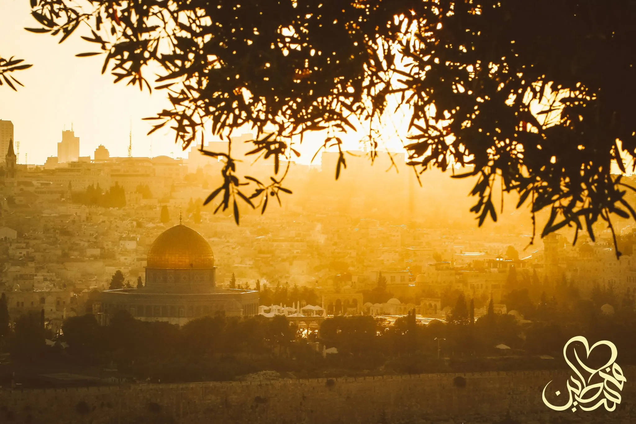 Dome of rock landscape sunset view with olive trees and the walls of jerusalem, Baitul maqdis, Al-Aqsa, Palestine. (Getty Images in Canva) Sign of Palestinian Arabic Calligraphy by Loy.