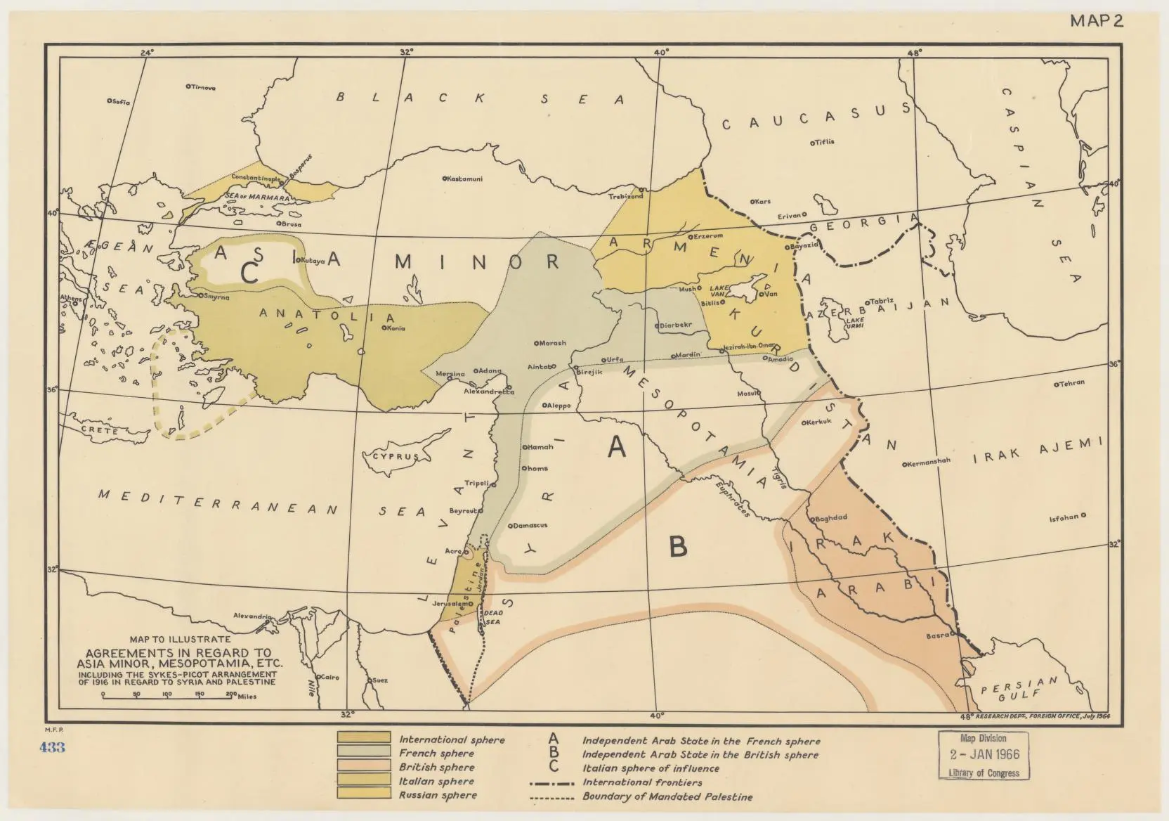 Map to illustrate agreements in regard to Asia Minor, Mesopotamia including the Sykes-Picot arrangement of 1916 in regard to Syria and Palestine