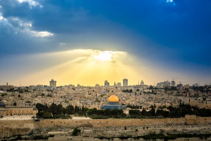 Dramatic sky over Jerusalem Baitul Maqdis and view from Olive Mountain