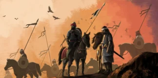 Khalid ibn al Walid and Zarrar ibn al Azwar lead the elite mobile guard cavalry through the deadly Syrian desert - Ilustrasi Pemimpin Perang dalam Islam (Artstation)