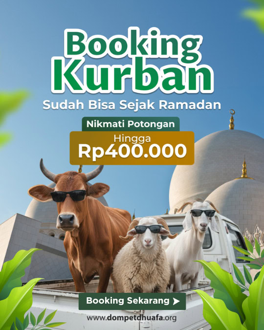Three cows with sunglasses in front of a mosque promoting Kurban booking during Ramadan